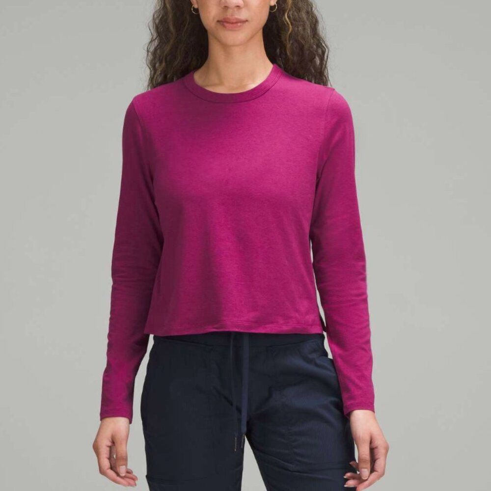 Women Lululemon Classic-Fit Cotton-Blend Long-Sleeve Shirt Magenta Purple Sz 14
